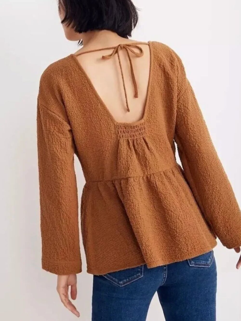 Madewell | Peplum Open-Back Babydoll Top in Toffee Brown | Size Small